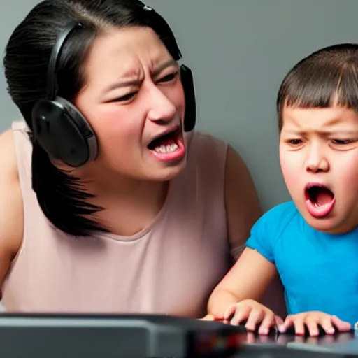 Prompt: Mother shout on her child who play computer games