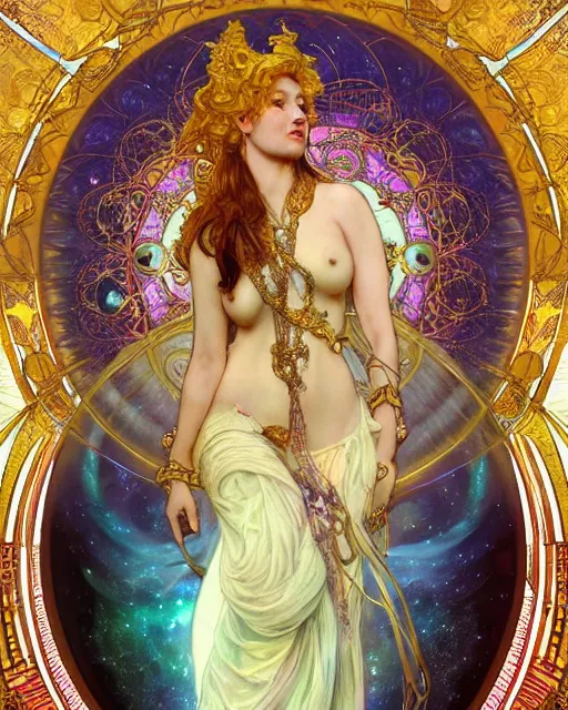 Prompt: Full view Celestial Goddess of cosmic nebula in a beautiful dress, 4k digital illustration by Ruan Jia and Rembrandt, ornate background by Alphonse Mucha, art nouveau iconography background, tarot card, stunning portrait, amazing magnificent mystical illustration, award winning art, vivid and vibrant, soft lighting, intricate details, realistic, full view, Artstation, CGsociety