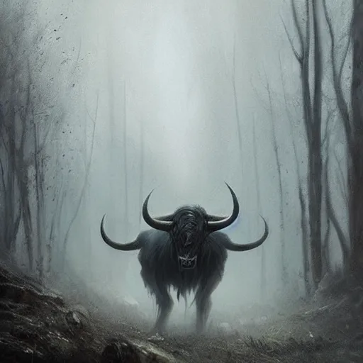 Prompt: a creepy atmospheric painting of a slender minotaur creature emerging from the mist. painting by greg rutkowski.