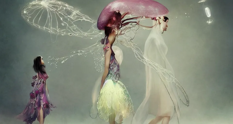 Image similar to asian female wearing a luminous jelly fish armor. soft. fragile. by ray caesar. by louise dahl - wolfe. by andrea kowch. by anna claren. surreal photography