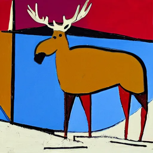 Prompt: an abstract painting of a moose on skis, picasso