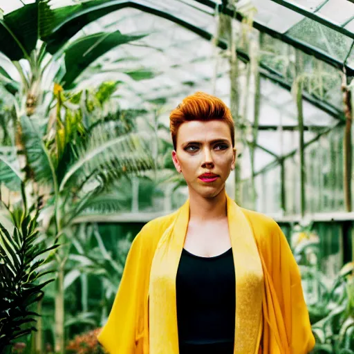 Prompt: head to waist medium format portrait photograph of scarlett johansson wearing a yellow kimono in a tropical greenhouse. super resolution. 85 mm f1.8 lens.bokeh.graflex.