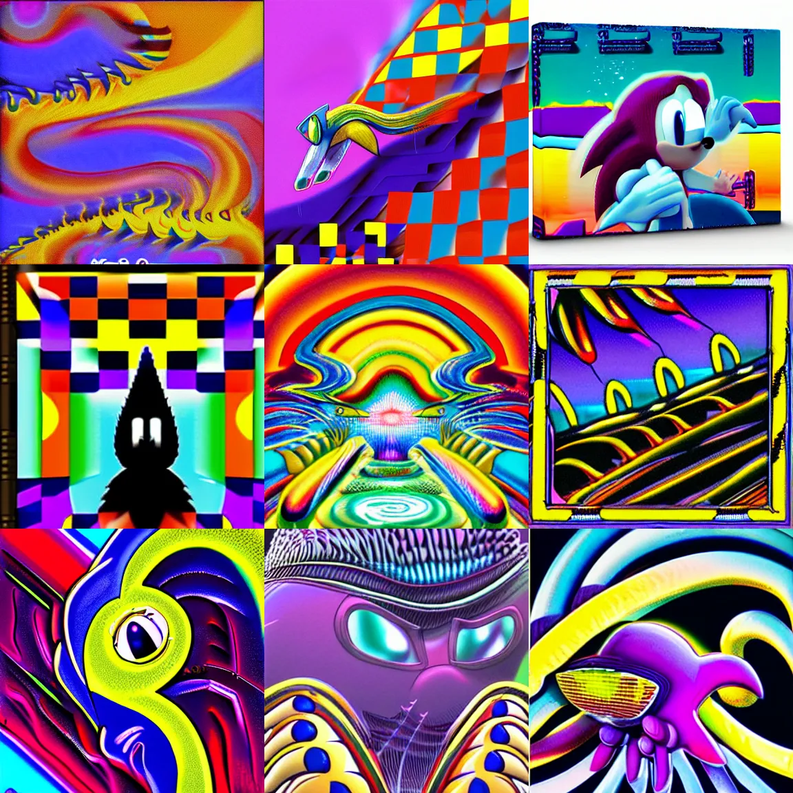 Prompt: surreal, sharp, detailed professional, high quality portrait sonic airbrush art mgmt album cover portrait of a liquid dissolving lsd dmt sonic the hedgehog surfing through cyberspace, purple checkerboard background, 1 9 9 0 s 1 9 9 2 sega genesis video game album cover
