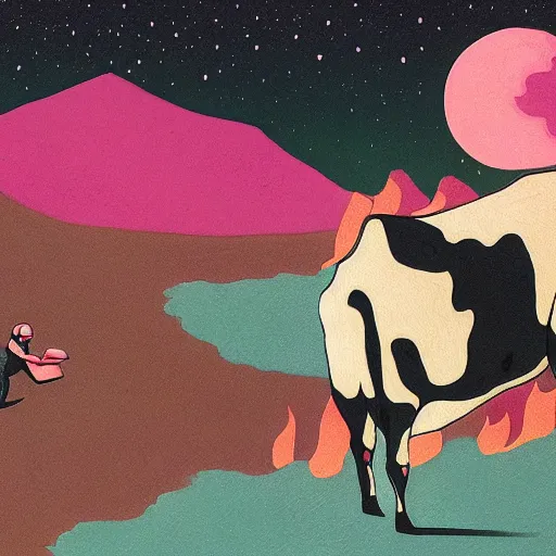 Prompt: isometric painting of a cow devouring a human, black mountains, dark atmosphere, decollage, fire, edward hopper, tristan eaton, victo ngai