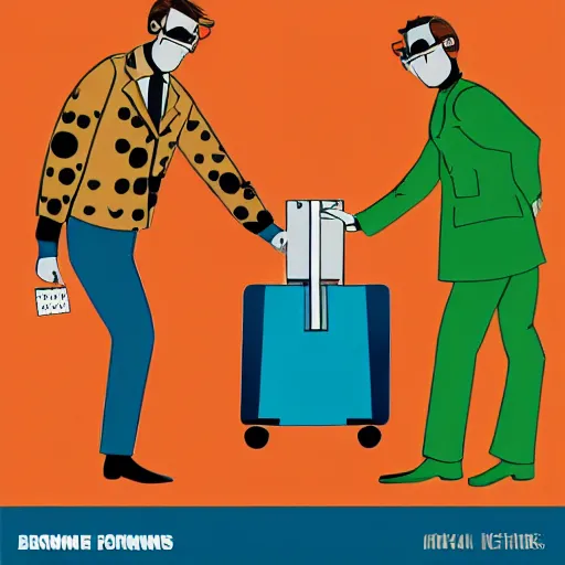 Image similar to brown suitcase containing domino mask being opened by a ginger caucasian male in a brown suit, jorge fornes artstyle, colorful, somber