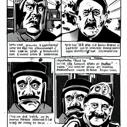 Image similar to comic book of angry jews with lightsabers and adolf hitler accurate eyes high detail