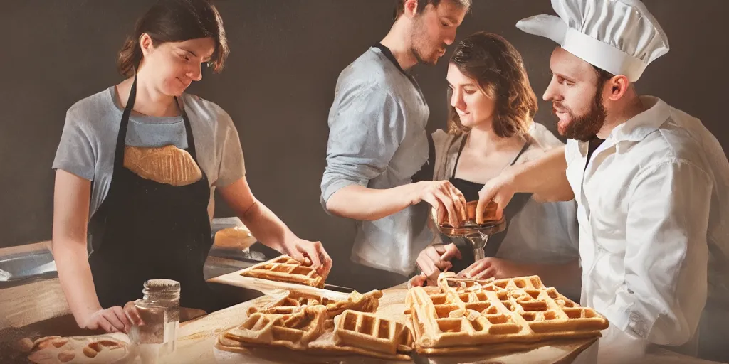 Prompt: A woman and man baking waffles together, digital art, epic lighting