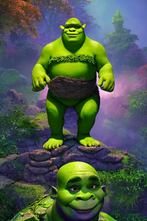 Prompt: arcane fantasy art giant shrek!!! elemental wood rock bastion forged gemstone enchanted forest troll, global illumination ray tracing hdr fanart arstation by sung choi and eric pfeiffer and gabriel garza and casper konefal lisa frank zbrush central hardmesh radiating a glowing aura