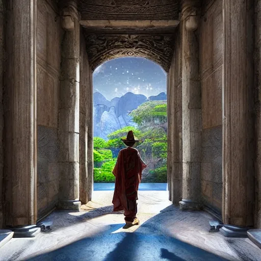 Image similar to a lone traveler exploring giant temples with large doors, mysterious statues, fantasy art