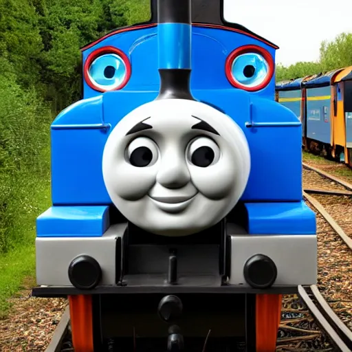 Prompt: thomas the tank engine train on a rainbow