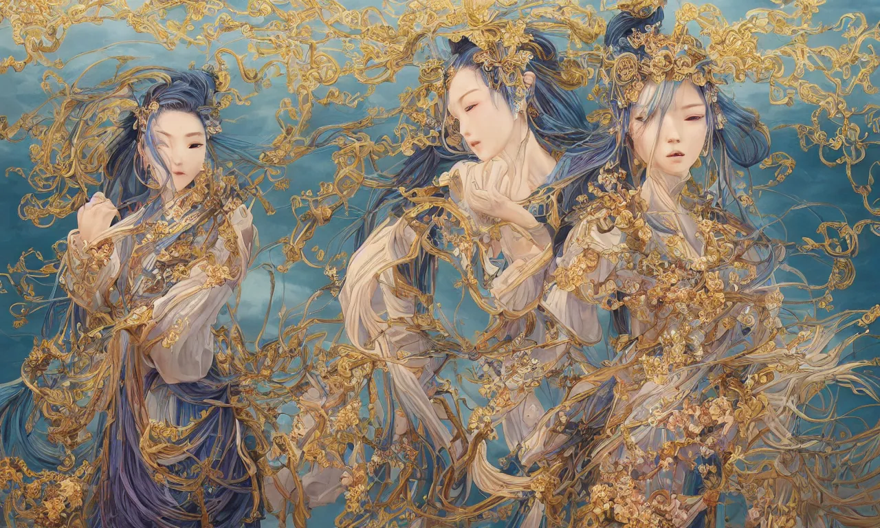 Prompt: breathtaking detailed painting by pilyeon and yuumei art, a full shot samurai queen with long flowing bright blue hair, gauze dress and pastel flowers petals and golden tumultuous clouds, symmetrical facial features, at dawn in front of a pristine golden art nouveau cathedral, elegant, highly detailed, artstation, concept art, matte, sharp focus,