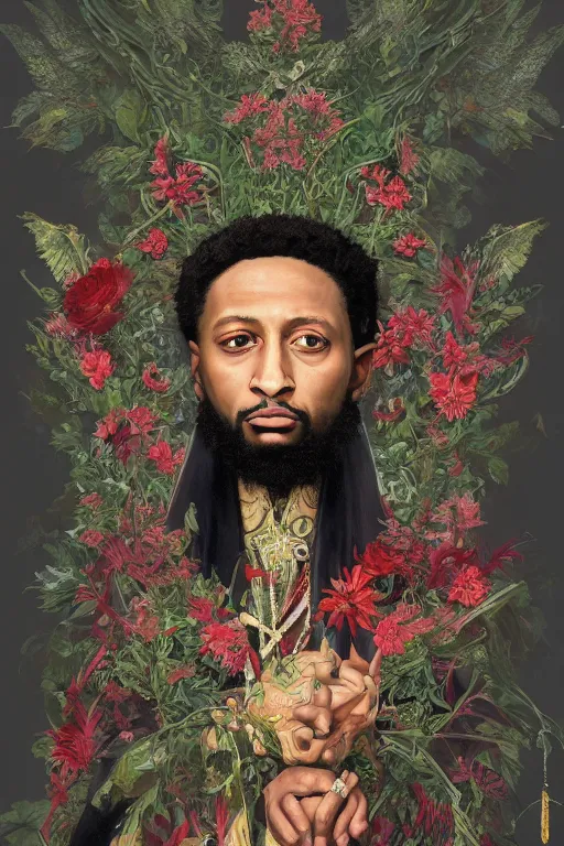 Prompt: breathtaking detailed concept art painting of 2 1 savage, orthodox saint, with anxious, piercing eyes, ornate background, amalgamation of leaves and flowers, by hsiao - ron cheng, extremely moody lighting, 8 k