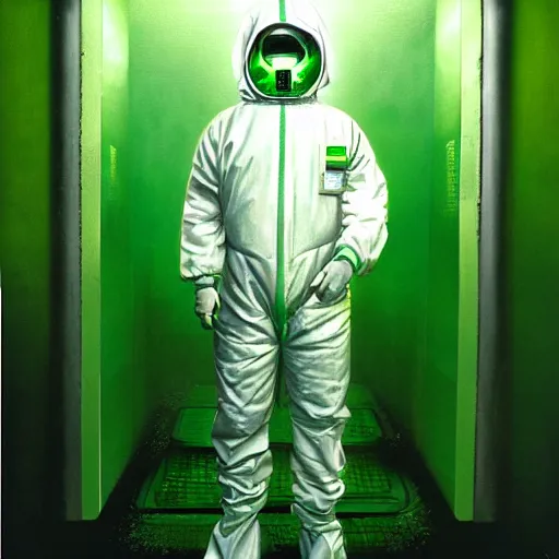 Prompt: UHD hyperrealistic photorealistic detailed image of a man in a green/white hazmat suit, inspired by the Stalker video game series standing in front of an laboratory door, in a ruined and dark underground lab, readying himself for combat with a green undertone by Ayami Kojima Amano Karol Bak, Greg Hildebrandt and Mark Brooks