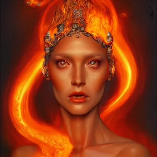 Image similar to A stunning portrait of a goddess, her body made of flames, by Jim Burns, 8K UHD, fantasy, Trending on artstation.