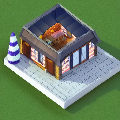 Image similar to isometric, cute, cozy cottage, 3d rendered, art station