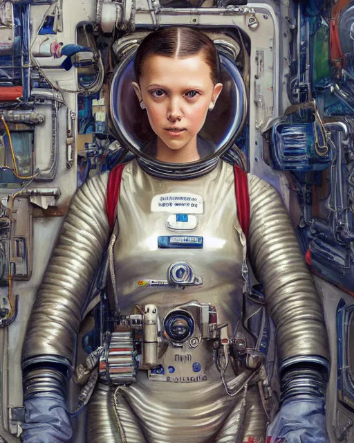 Image similar to a realistic oil painting of a girl resembling alicia vikander or millie bobby brown wearing a spacesuit in a futuristic mechanical spaceship engine, highly detailed, intricate, artstation, by donato giancola