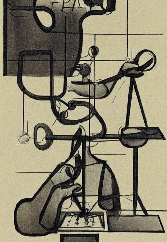 Image similar to a concept drawing of marcel duchamp holding up a chess - piece wire - machine, a surrealist painting by marcel duchamp, complex artificial - intelligence machinery, minimal sketch flow - chart, academic art, 1 9 2 0 s