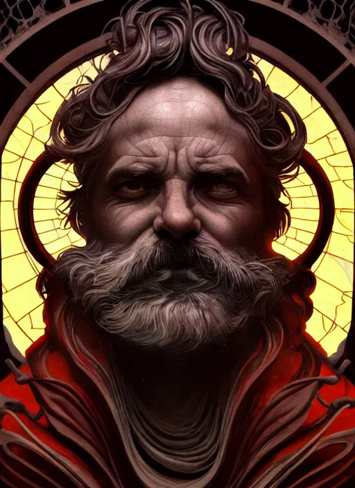 Prompt: the god hephaestus, old man, ash hair, glowing eyes, volumetric lights, yellow and red scheme, art nouveau botanicals, gothic, intricate, highly detailed, digital painting, artstation, concept art, smooth, sharp focus, symmetric face, illustration, steampunk, art by artgerm and greg rutkowski and alphonse mucha