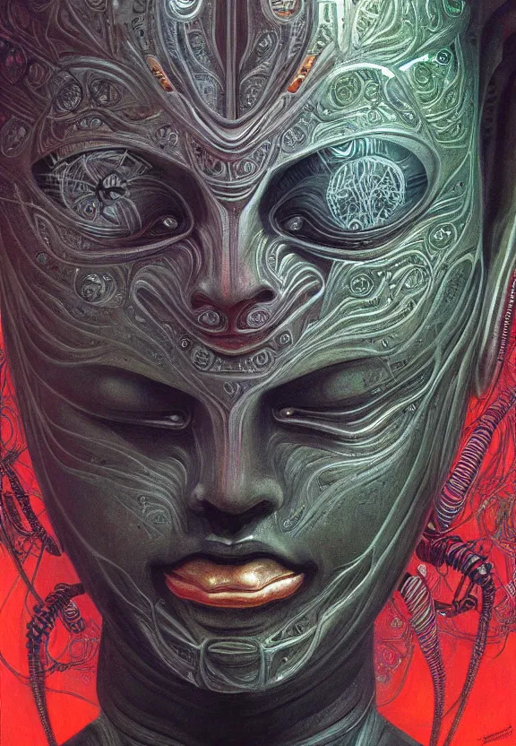 Image similar to perfectly centered portrait, front view of a beautiful biomechanical cyberpunk alien android robot buddha, female, flowing hair, intense stare, sarcastic smile, symmetrical, concept art, intricate detail, volumetric shadows and lighting, realistic oil painting by alex grey and gustave dore,