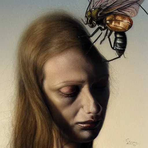 Prompt: a hyperrealistic painting of a beautiful woman morphing into a fly, by santiago caruso, highly detailed,