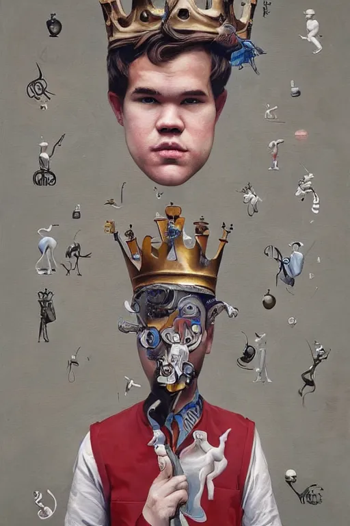 Prompt: a painting of magnus carlsen as king of chess, a surrealist painting by james jean, trending on cgsociety, pop surrealism, androgynous, grotesque, angular