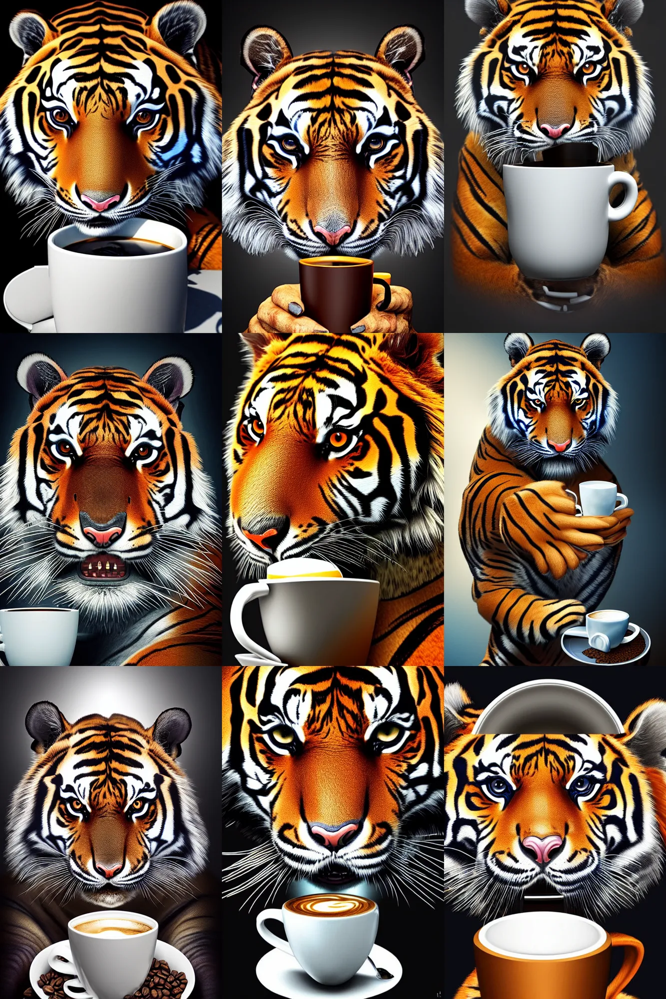 Prompt: a stunning ultra detailed fantasy surreal portrait of a tiger with a cup of coffee, cybernetic bionic implants, sharp focus, 5 0 mm lens, studio lighting, by naoto hattori, artstation, 8 k