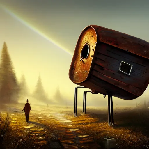 Image similar to a walking wood and metal house with two mechanical legs and two eyes, rust, hyperrealistic, highly detailed, cinematic, single ray of sun, morning, fog, city in background, beautiful, cgssociety, artstation, 8 k, oil painting, digital art