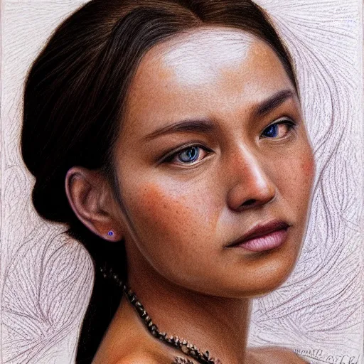 Image similar to Intricate five star Beautiful Royal Queen facial portrait by Monica Lee, Colored pencil on paper, high detail, skin texture, photo realistic, hyperrealism,matte finish, high contrast, 3d depth, masterpiece, vivid colors, artstationhd