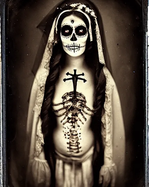 Prompt: tintype full body virgin mary dressed in dia de muertos makeup high quality photo, microchip, artificial intelligence, bio - mechanical bio - luminescence, black wired cables, neurons, nerve cells, cinematic, rim light, photo - realistic, high detail, 8 k, masterpiece, high fashion, in the style of steven meisel dora maar h. g. giger