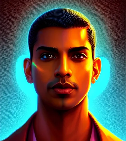 Image similar to symmetry!! indian prince of technology, solid cube of light, hard edges, product render retro - futuristic poster scifi, lasers and neon circuits, brown skin handsome indian prince, intricate, elegant, highly detailed, digital painting, artstation, concept art, smooth, sharp focus, illustration, dreamlike, art by artgerm