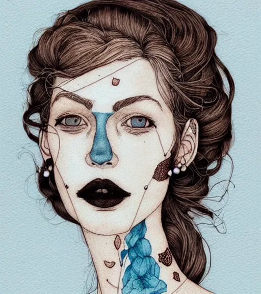 Image similar to portrait of a woman raised on the island face tatooes by kaethe butcher, dynamic lighting, gradient light blue, brown, blonde cream and white color scheme, grunge aesthetic