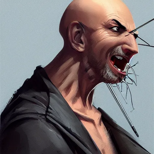 Image similar to bald man with plastic black spike driven through his eyes, flat side facing forward, points coming out back of his head, portrait, behance hd artstation, style of jesper ejsing