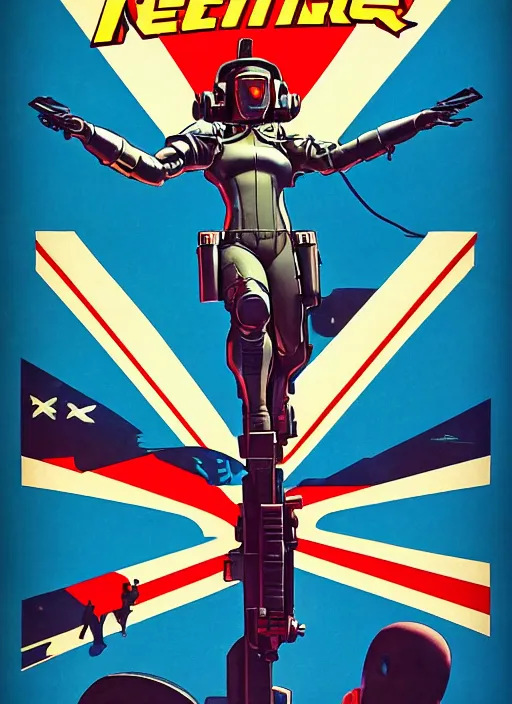 Prompt: american propaganda poster. cyberpunk pilot. portrait by jean giraud and anton otto fischer and john philip falter and will eisner and gil elvgren and pixar. full body. realistic proportions. science fiction d & d. overwatch, rb 6 s, cyberpunk 2 0 7 7, blade runner 2 0 4 9. cel shading. thick lines.
