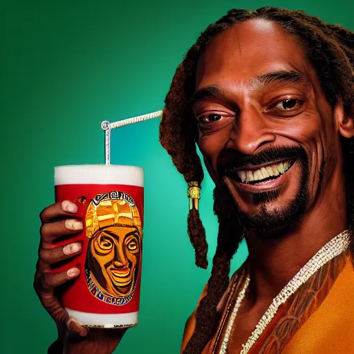 Image similar to a closeup photorealistic photograph of happy snoop dogg at trader vic's bar holding a trader vic's tiki mug that features the face of snoop dogg. brightly lit scene. this 4 k hd image is trending on artstation, featured on behance, well - rendered, extra crisp, features intricate detail, epic composition and the style of unreal engine.