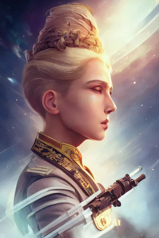 Image similar to beautiful portrait of a female officer wearing a fancy naval uniform, art by wlop and artgerm, science fiction, intricate detail, blonde hair, space background, trending on artstation, sharp focus, illustration, caustics, octane render, radiant light, 4 k