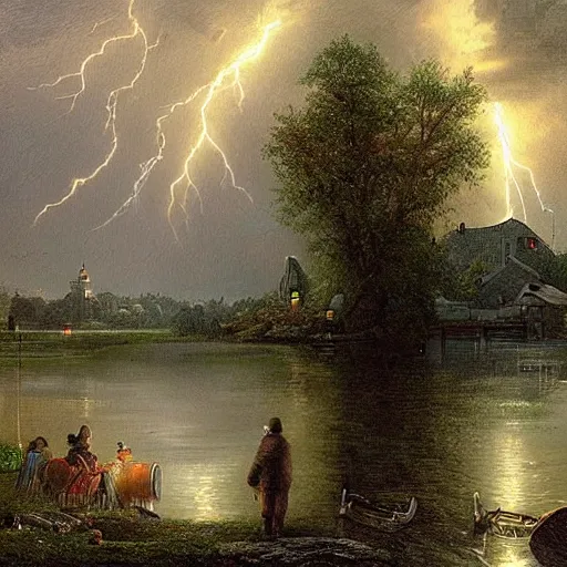 Prompt: portrait of a town by a lake, countryside, victorian, fantasy, cinematic lightning, realistic, highly detailed, painting by henry h parker