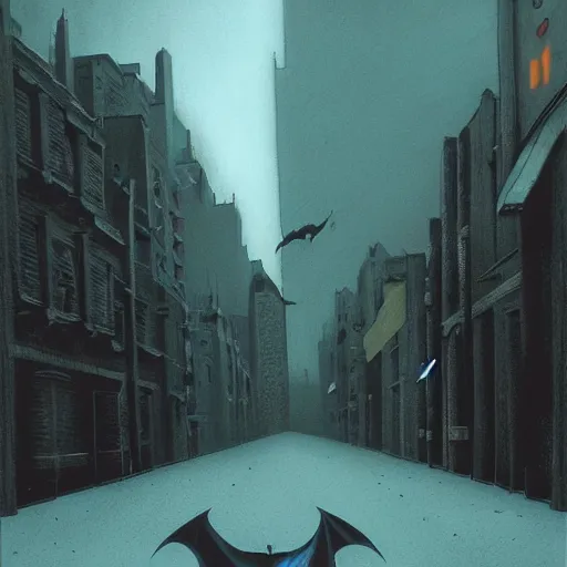 Image similar to Batman on a street in Gotham, in the style of Zdzislaw Beksinski