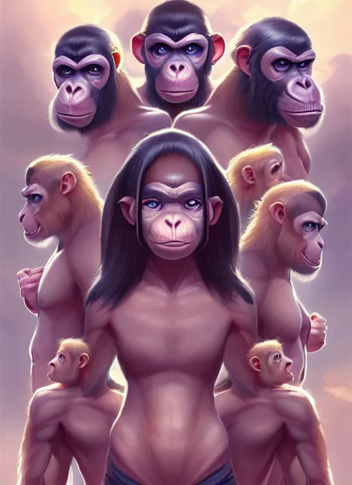 Prompt: of group of ape kids with super powers getting ready for battle against the heavens, symmetrical, perfect face anatomy, establishing cinematic movie scene of a cinematic scene!, intricate, elegant, highly detailed, lotus flower, artstation, art by artgerm, anime, stylish, concept art, smooth, sharp focus, wlop