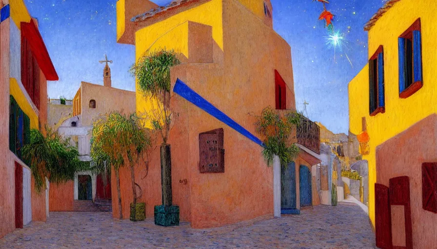 Image similar to a 1 9 9 8 southern spain town painted by arthur bispo do rosario, jules bastien - lepage, tarsila do amaral, frank weston and gustave baumann, trending on artstation, mediterranean, star, sharp focus, colorful refracted sparkles and lines, soft light, 8 k 4 k