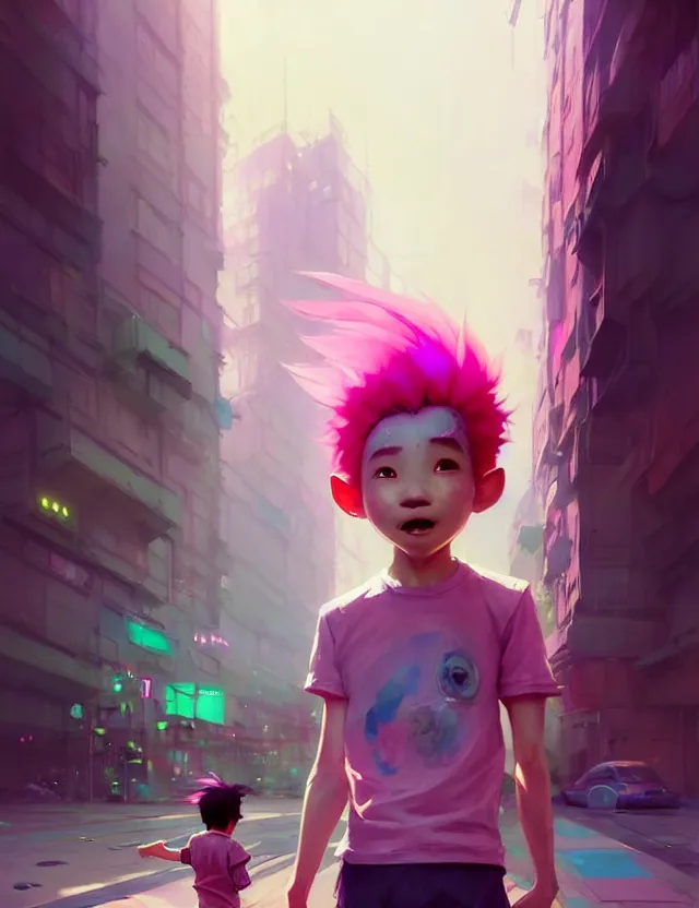 Prompt: a beautiful portrait of a cute boy with pink hair wearing tshirt and leggings under shorts in a city. character design by cory loftis, fenghua zhong, ryohei hase, ismail inceoglu and ruan jia. artstation, volumetric light, detailed, photorealistic, fantasy, rendered in octane