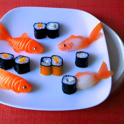 Prompt: goldfish made out of sushi