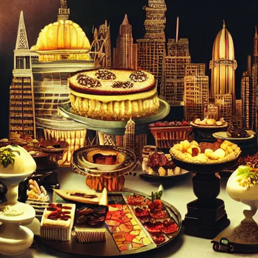 Image similar to dream city made of desserts, yummy food, exotic, cinematic lighting, by caravaggio