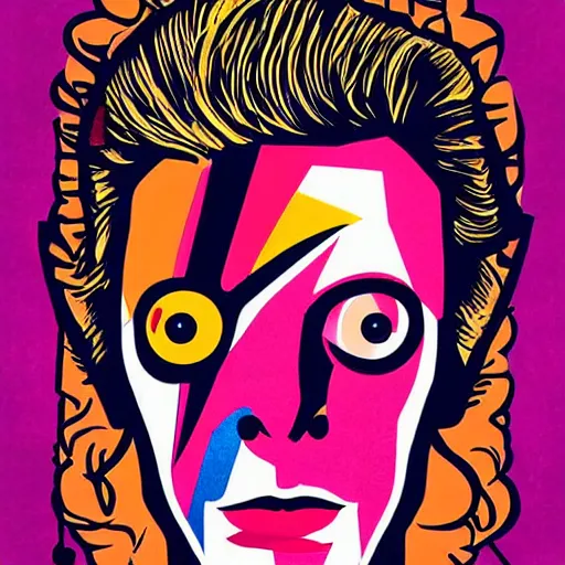 Image similar to a poster for a david bowie tribute dj - set at the indie club common people. alladin sane. illustrated and designed by annika backstrom