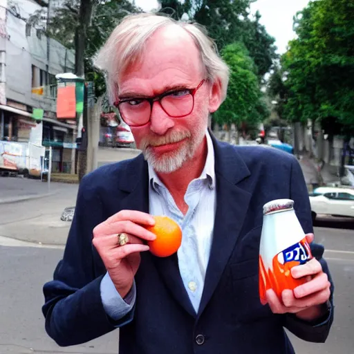 Image similar to hugh hopper holding an orange and a diet pepsi sitting on a street corner