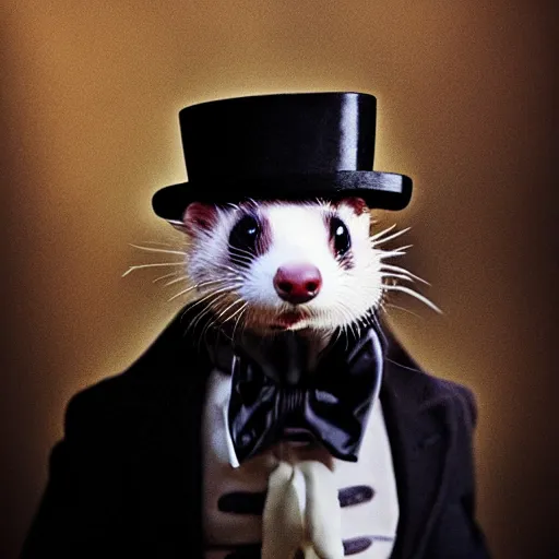 Image similar to “photograph of a ferret wearing a top hat and a monocle, high quality, hd, 8k”