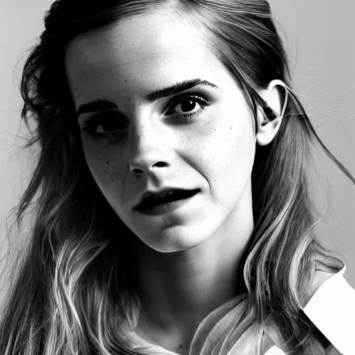 Image similar to Emma Watson closeup of face shoulders and very long hair hair pouting and grinning Vogue fashion shoot by Peter Lindbergh fashion poses detailed professional studio lighting dramatic shadows professional photograph by Cecil Beaton, Lee Miller, Irving Penn, David Bailey, Corinne Day, Patrick Demarchelier, Nick Knight, Herb Ritts, Mario Testino, Tim Walker, Bruce Weber, Edward Steichen, Albert Watson