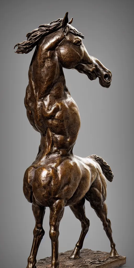 Image similar to detailed photo of an old bronze patina statue of a horse, full body portrait, various pose, photorealism, intricate detail, museum diffuse lighting