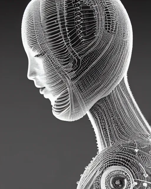 Image similar to mythical dreamy black and white organic translucent bio-mechanical spinal ribbed profile face portrait detail of steampunk mechanical beautiful female angelic-human-queen-realistic-cyborg, highly detailed, intricate crystal jelly ornate, poetic, 3D render, digital art, octane render, 8K artistic photography, photo-realistic, by Dora Maar