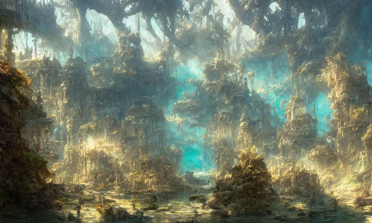 Image similar to a scenic landscaping view of the lost and abandoned city of Atlantic under water, ray of sunlight, mermaids in distance, Greg Rutkowski, Moebius, Mohrbacher, Mucha, blue and gold color scheme, ultra wide angle, ultra detailed, light effect