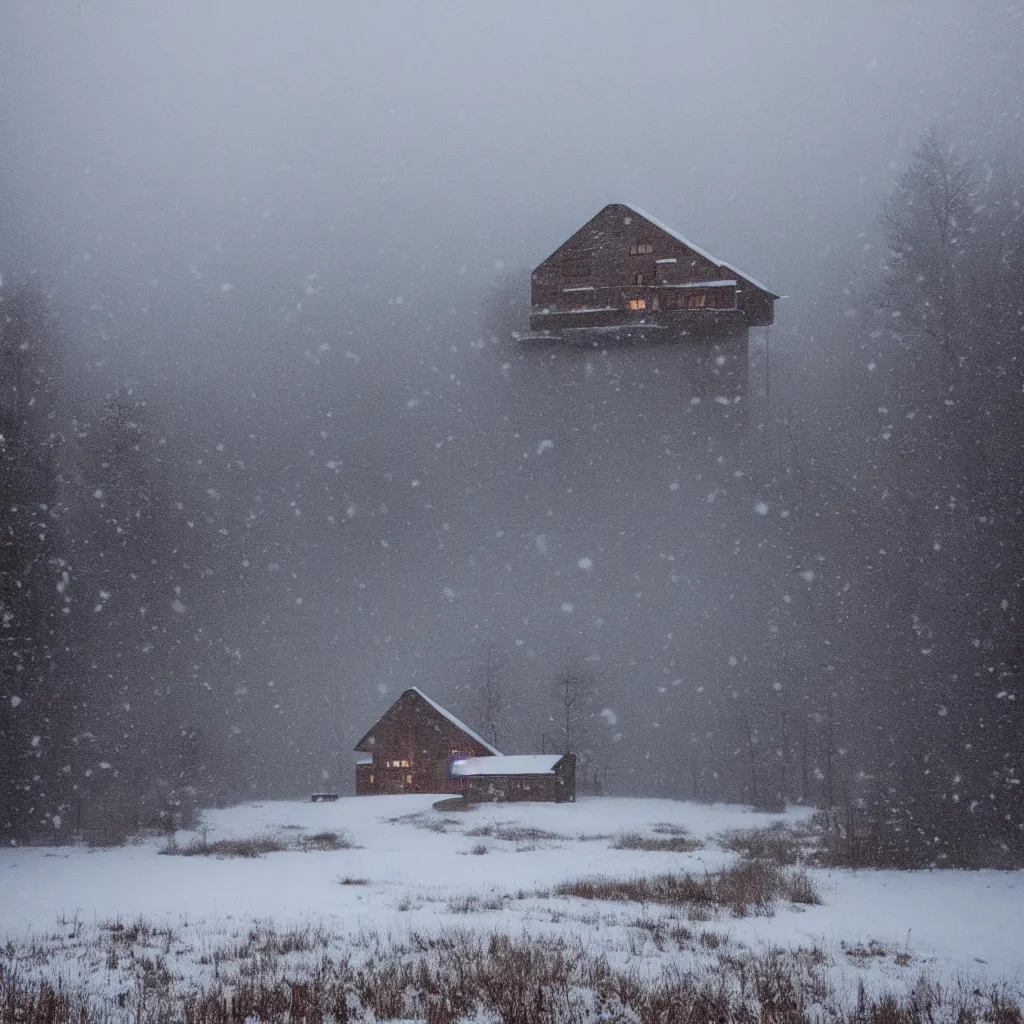 Prompt: landscape with brutalistic soviet architecture style house, near foggy forest and small pond, dark winter evening, snowing, strong, blizzard, atmospheric, mystical, very detailed 4 k, professional photography